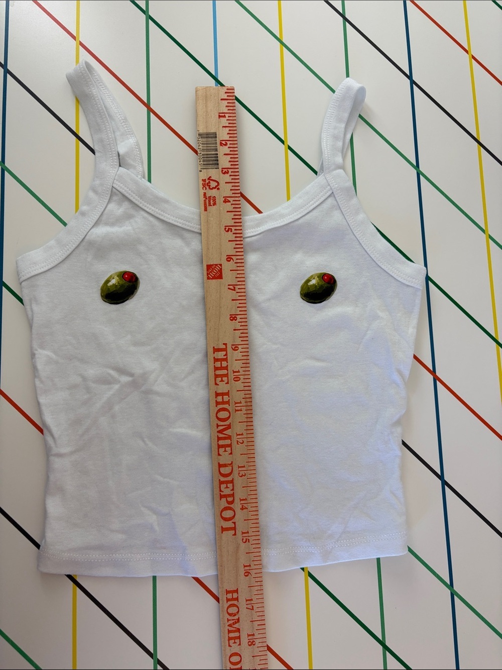 Bella Canvas White Ribbed Camisole w/ Olive Motif Small EUC Dirty Martini Cheeky - Picture 7 of 7
